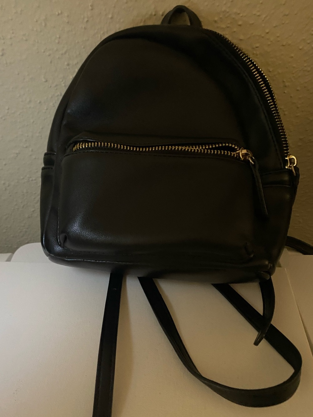 Forever 21 Black Faux Leather Mini Backpack with Gold Zipper